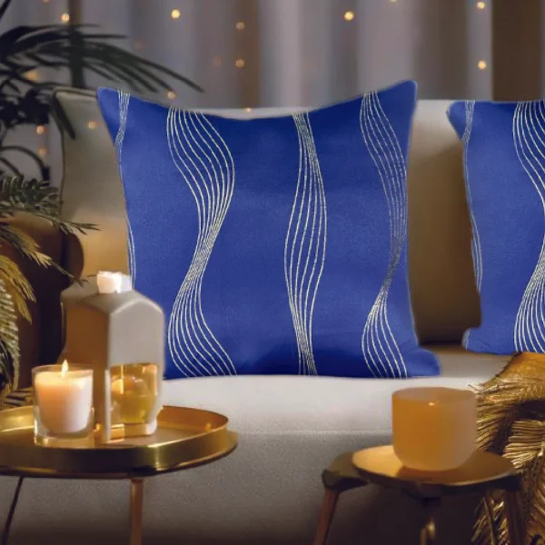 Decorative Gold Foil Cushion Cover, for Sofa, Bedroom, Living Room - Set of 2 - Double wave Navy