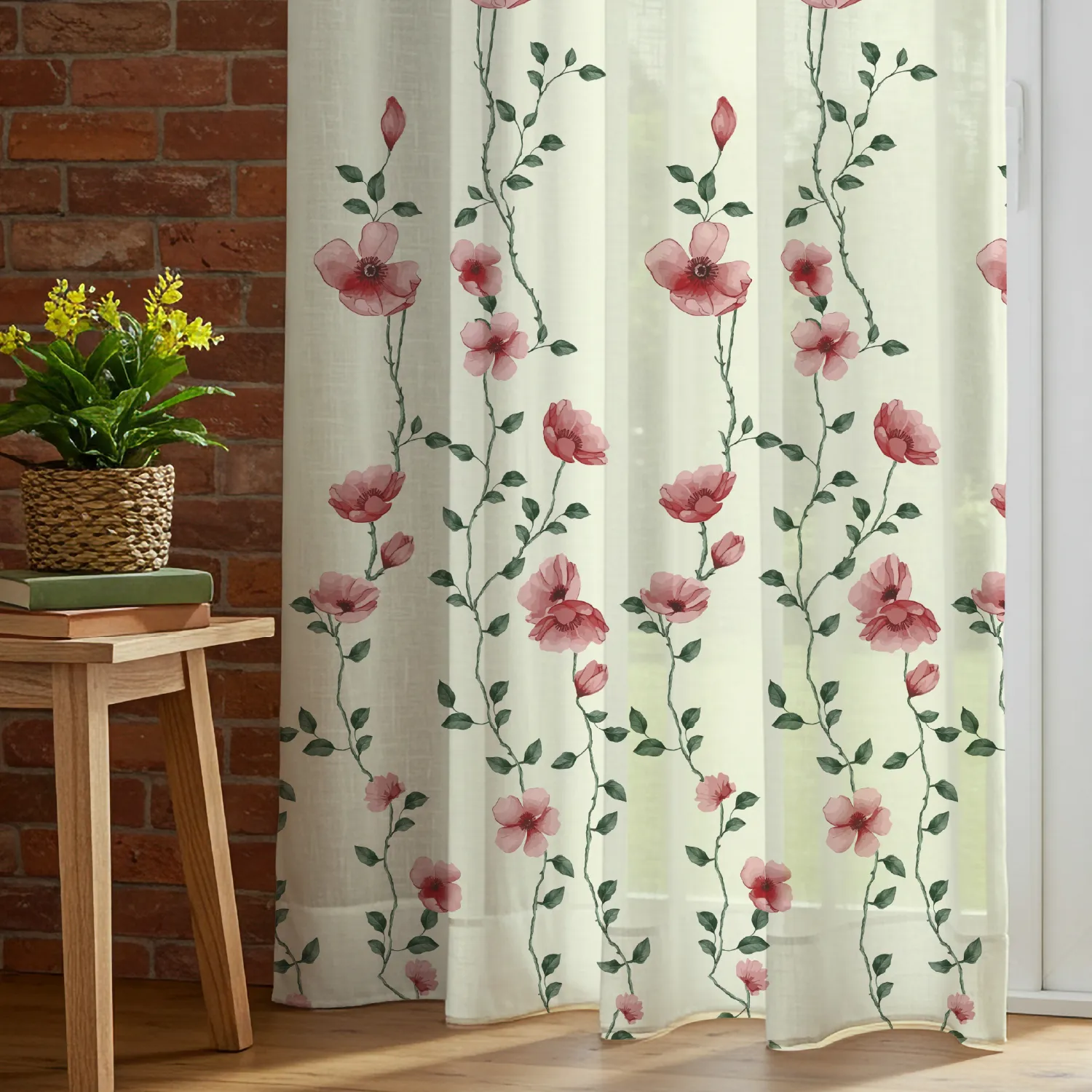 1_a7d0ada3-5228-4a0c-8ec2-f666bd66ddcf_1800x1800 Sheer Curtains, Linen Textured & Digital Printed, Pack of 2 - Blush Vine - Image 1