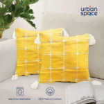 Embroidered Cotton Cushion Cover, for Sofa, Bedroom, Living Room - Set of 2 - Aura Checks Yellow - Image 3